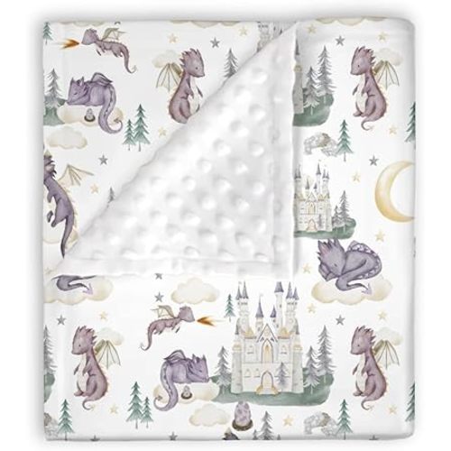 Mink Baby Boy Girl Blanket Cute Purple Dragon Fairy Tale, Castle Moon Cloud Star Soft Plush Double Layer Dotted Backing Receiving Swaddle, Newborn Infant Toddler Nursery Crib Bedding 30 x 40