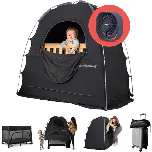 SlumberPod with Fan The Original Blackout Sleep Tent Travel Essential for Baby and Toddlers, Mini Crib and Pack n Play Cover, Sleep Pod with Monitor Pouch and Fan Pouch, Blocks 95%+ Light, Black