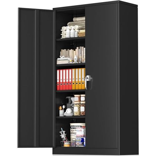 Greenvelly Metal Storage Cabinet with Lock, 72” Black Garage Storage Cabinet with Doors and Shelves, Tall Lockable File &Tool Cabinet for Home Office, Metal Classroom Cabinet Basement