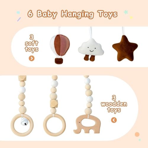 Wooden Baby Play Gym with Mat, Foldable Baby Play Gym Frame Activity Gym Hanging Bar with 6 Gym Baby Toys Rainbow Playmats for Newborn Baby (Natural) - Natural Baby Gym