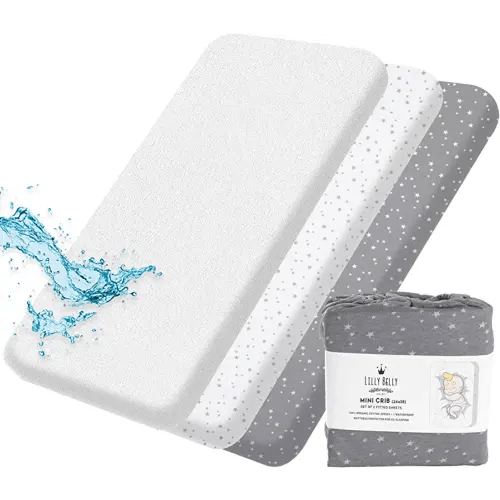 Pack and Play Sheets by Lilly B. Pack of 3-100% Organic Cotton 2 Mini Crib Sheets + 1 Waterproof Mattress Protector for Baby Boys and Girls, Fit All Shape Upto (38Lx 24Wx 6H) inch