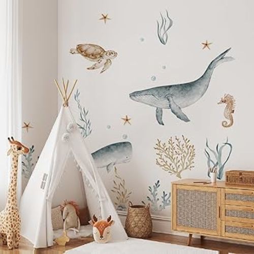 Ocean Wall Decals Watercolor Under The Sea Wild Life Animals Sea Turtles Whales Wall Stickers Waterproof Peel and Stick Removable Ocean