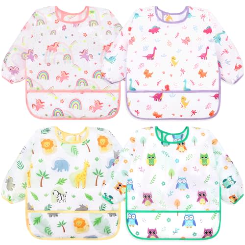 Accmor 4 Pack Long Sleeve Baby Bibs, Waterproof Sleeved Bib Smock for Baby Toddler 6-36 Months