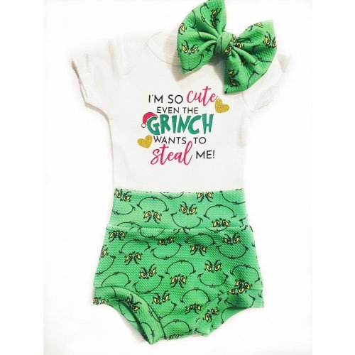 Mean One Christmas Bummies, Top, and Bow Outfit, Girls Green Shorts, Bloomers, Diaper Cover, Heads wrap