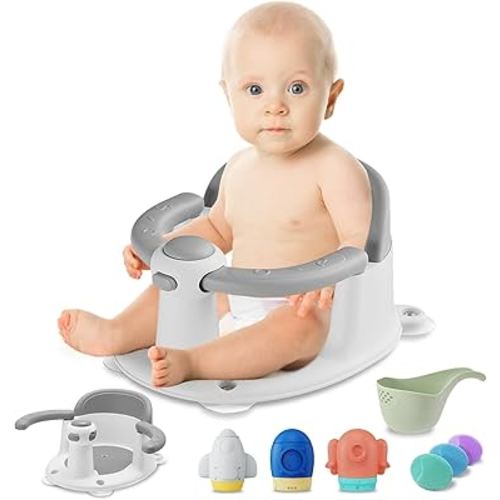 Baby Bath Seat, Infant Bathtub Seats for Babies Sitting Up Aged 6-24 Months, 3 Baby Bath Brushes/ 3 Baby Bath Toys/Baby Bath Rinse Cup Included, Grey