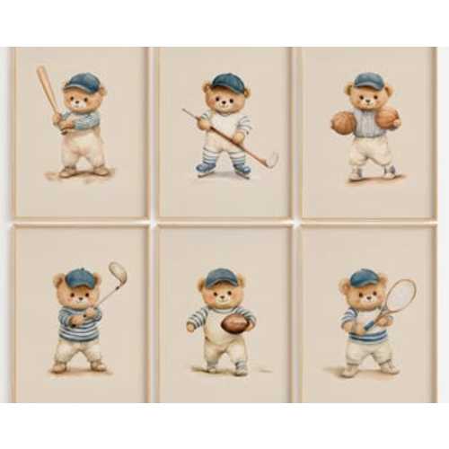 Vintage Teddy Bear Sports Nursery Wall Art Set of 6 Printable Illustrations for Kids Room, Baby Boy Shower Gift, Sports Themed Child Decor - Etsy