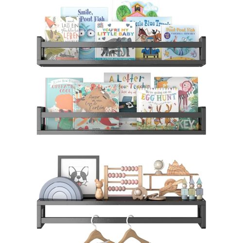 Floating Nursery Book Shelves for Wall, 15.7 Inch Nature Solid Wood Wall Mounted Bookshelf Set of 3, Hanging Bookshelves for Kids Room, Bedroom Nursery Decor and Book Storage (Black)