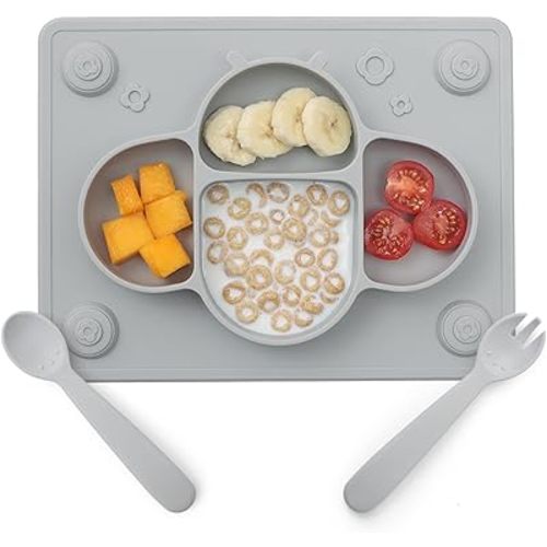 ROCCED Suction Plates for Baby Placemat Spoon Fork Set for Toddlers, Silicone Baby Plates with Suction Baby Dishes for Kids Plates-grey