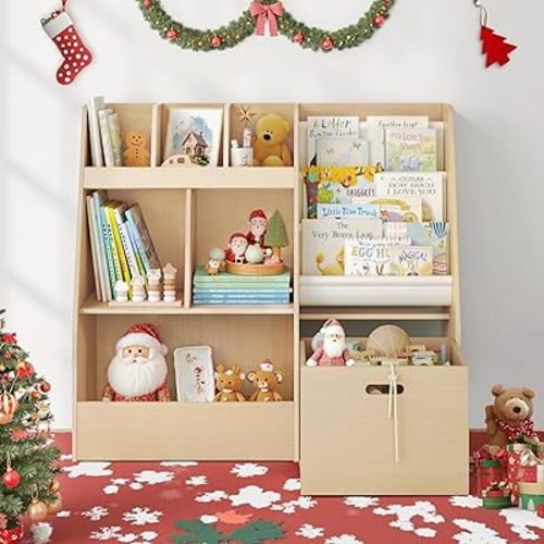 4 in 1 Kids Bookshelf and Toy Storage Organizer, 3-Tier Toy Organizers with Removable Toy Bins, Book Shelf for Kids Room, Toddler Sling Bookshelf with Storage Cubbies, Toy Shelf for Nursery, Playroom