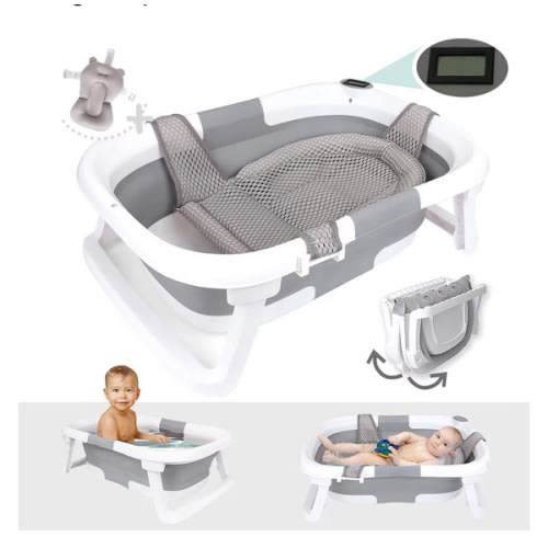 BEBELEH™ Collapsible Baby Bathtub with Thermometer – Bathtub + Baby tub Sling + Newborn Sling – Baby Bathtub Newborn to Toddler 0-24 Months – The Ultimate Baby Bath Tub! (with Thermometer,Gray)