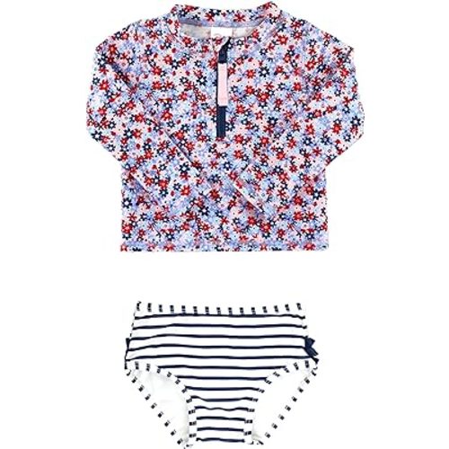 RuffleButts® Baby/Toddler Girls Long Sleeve Rash Guard 2 Piece Swimsuit Set w/UPF 50+ Sun Protection with Zipper
