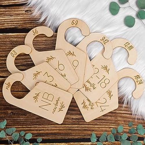 Baby Closet Dividers for Clothes Organizer - Set of 7 Adorable Wooden Double-Sided Baby Clothes Size Hanger Organizer from Newborn to 24 Months for Nursery Beautiful Decor