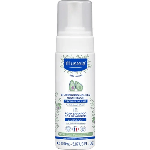 Mustela Cradle Cap Foam Shampoo for Newborn - Baby Shampoo with Natural Avocado - Tear-Free & Fragrance-Free - 5.07 fl. oz.