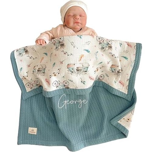 Personalized Baby Blanket with Name – Handmade 100% Organic Cotton Newborn Gift | Custom Knit Blanket for Boys, Girls, Kids & Baby Showers