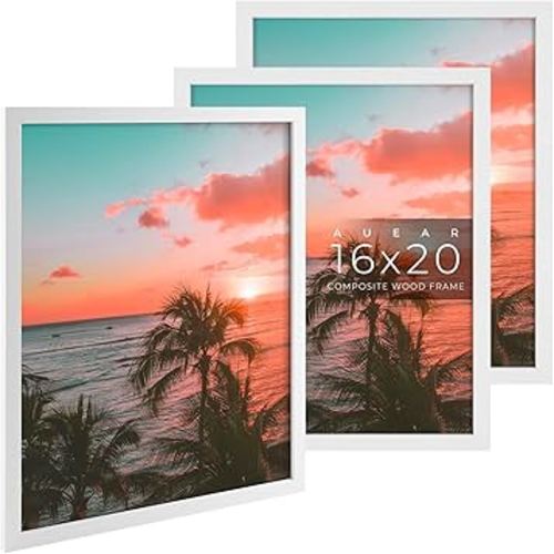 AUEAR, 16x20 Picture Frames Set of 3, with Mat for 11x14 or 16x20 without Mat, Engineered Wood Photo Frames with Plexiglass, Wall Mounting (White)