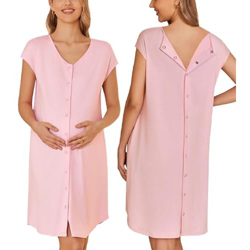 Ekouaer Labor/Delivery/Hospital Gown Nursing Nightgown Maternity Sleepwear With Pockets Postpartum Gowns with Button S-XXL