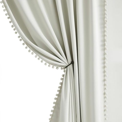 Natural Blackout Curtains for Bedroom Living Room 84inch Long Iovry/Beige Pom Pom Curtain Panels for Windows Thermal Insulated Curtains for Kids Nursery Room Rod Pocket 52" W x 2pcs