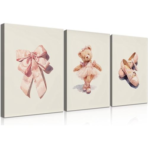 3Pcs Teddy Bear Themed Children's Room Wall Art Cute Teddy Bear Dancing Bow Ballet Shoes Neutral Tone Canvas Poster Suitable for Children's Rooms Nursery Rooms Kindergarten Home Decor 12x16in