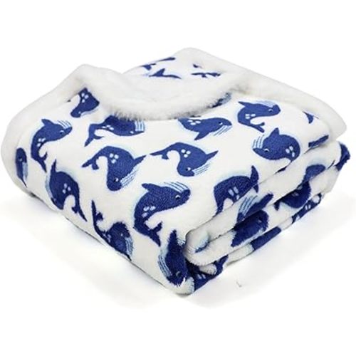Whale Baby Blankets for Boys or Girls - 30x40 Inches,Cute Ocean Design with Rabbit Faux Fur Backing,Ultra Soft Cozy Fluffy Infant Newborn Toddler Blankets for Stroller Crib