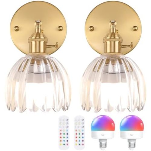 Shenmoyl Vintage Battery Operated Wall Sconce with Transparent Tulip Glass Lampshade Rechargeable Battery Powered Wall Light with Remote Control for Bedside Bedroom Doorway, Set of 2
