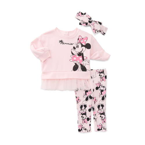 Disney Minnie Mouse Baby Girls Graphic Tulle Sweatshirt and Printed Leggings with Bow Headband Set, 3-Piece, Sizes 0/3M-24M