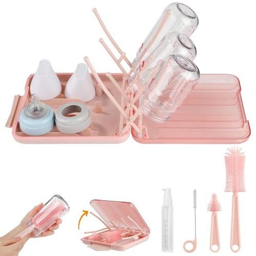 Baby Bottle Brush Set-6 in 1 Bottle Brush Cleaner with Silicone Bottle Brush,Drying Rack,Nipple Brush,Straw Brush,Soap Dispenser&Storage Box-Baby Essentials Gifts for Home&Travel(Pink)