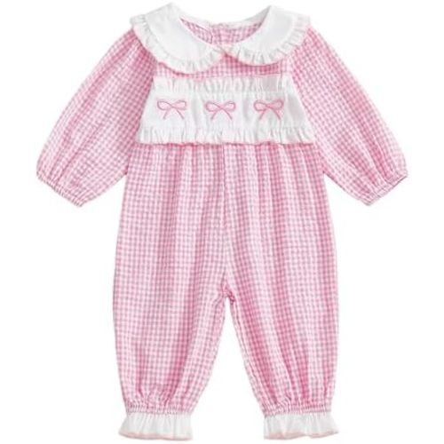 Seyurigaoka Newborn Baby Girl Fall Clothes Bow Gingham Smocked Romper Long Sleeve One Piece Going Home Outfits