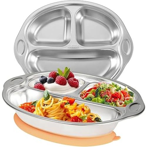 Stainless Steel Baby Suction Plates: Divided Plates Designed for Babies and Toddlers, Made of 100% Food-Grade Materials Ideal for Baby-Led Weaning BPA-Free Toddler Feeding Dishwasher Safe Orange-pink