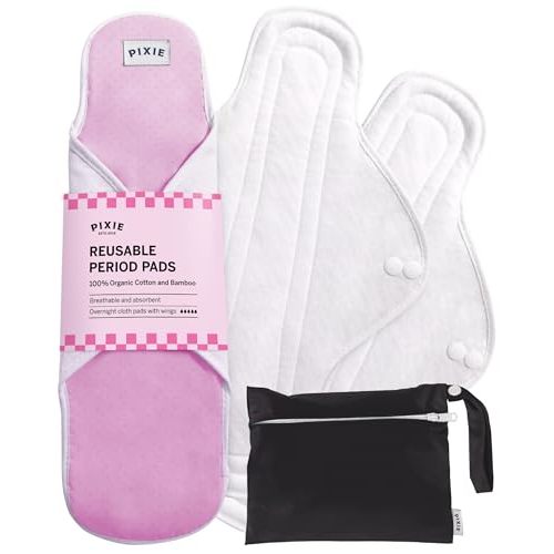 Pixie Cotton Cloth Pads - 100% Organic Reusable Cotton -Ranked 1 for Softest Menstrual Sanitary Napkins - Machine Washable & Includes Free Wet Bag - Menstrual Liner (Overnight)