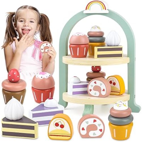 Wooden Cake Toys Tea Party Set, Desserts Food Toy with Cupcake Stand, Kids Pretend Play Kitchen Accessories, Wooden Play Food Set Toy Baking Gift for 3 4 5 Years Old Girls Boys