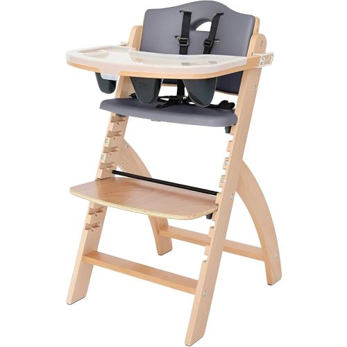 Abiie Beyond Junior Wooden High Chair with Tray - Adjustable and Convertible High Chair for Babies and Toddlers - 6 Months to 250 Lb - Water Resistant - Natural Wood with Dark Grey Cushion