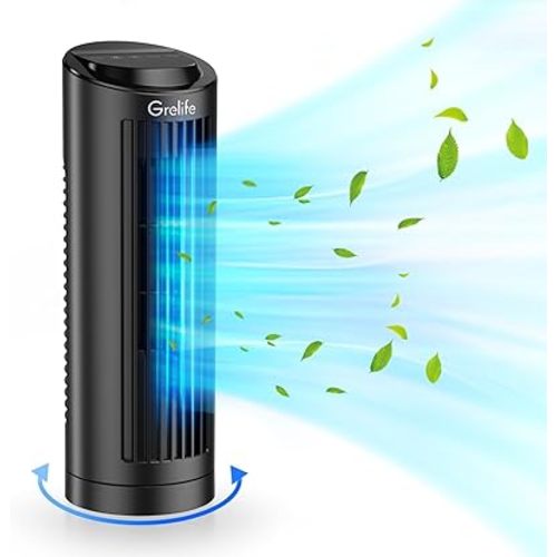 Grelife 13" Bladeless Tower Fan with 70° Oscillation, Touch Screen and Remote Control, 3 Speeds, 4 Wind Modes, 12-Hour Timer - Compact Cooling for Home Office Bedroom