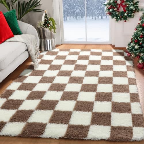 KICMOR 4x6 Brown and Cream White Area Rugs for Bedroom, Fluffy Shag Shaggy Fuzzy Checkered Living Room Rug, Soft and Comfy Bedside Carpet, Furry Plush Rug for Kids Room Nursery Home Decor Aesthetic