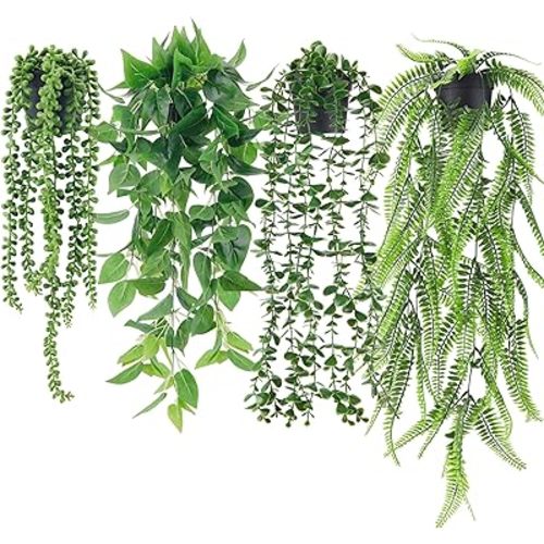 Der Rose 4Pcs Fake Plants Hanging Artificial Ivy Vine Faux Eucalyptus Hanging Plants, Boston Fern, String of Pearls for Living Room Bedroom Boho Wall Shelf Indoor Outdoor Decor