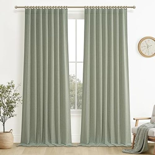 Sage Green Blackout Linen Curtains 102 Inches Long for Living Room Bedroom, Pleated Window Track Curtain with Pin Hooks Belt Boho Light Green Drapes Thermal Insulated (50"Wx102"Lx2Panels) Back Tab