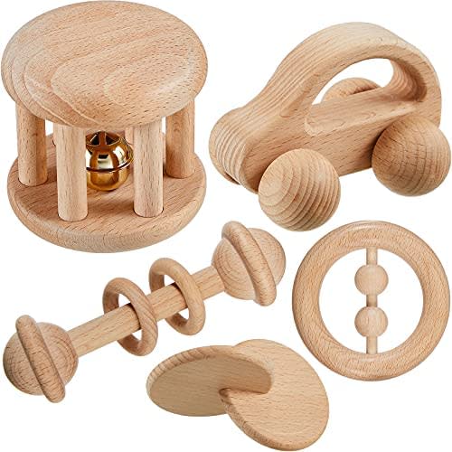 Wood Teething Toys Rattles with Bells Montessori Wood Baby Push Car