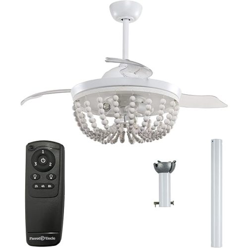 Parrot Uncle Ceiling Fans with Lights and Remote Farmhouse Ceiling Fan with Light for Bedroom Bohemia Wood Beaded Chandelier Ceiling Fans, 42 Inch, White