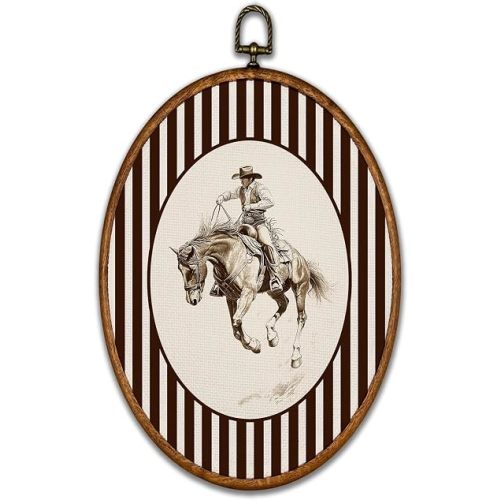 BCUANGD Vintage Western Oval Wall Art Decor - Retro Cowboy Horse Nursery Wall Art Canvas Frame Artwork Prints, Rustic Southwestern Oval Wall Hanging Decorations for Home Bedroom, 8.6"x11.4"