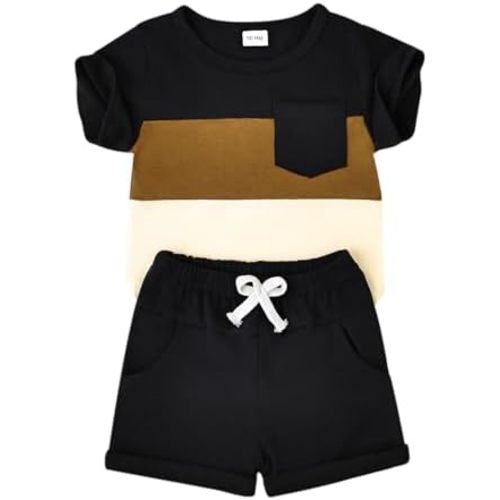 Baby Boy Clothes Toddler Boy Summer Outfits Short Sleeve Patchwork Top T-shirt & Pocket Pant Set 2 Piece 12 Months-4T