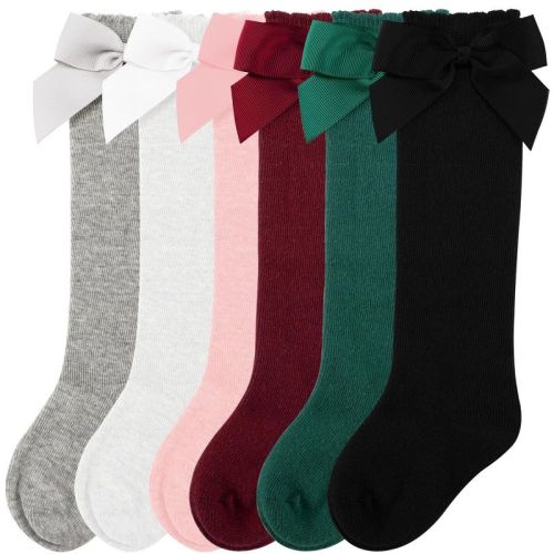 Cozyway Ruffled Baby Knee High Socks For Girls, 6 Pack, White/black/gray/pink/burgundy/green With Bow, 0-9 Months Old