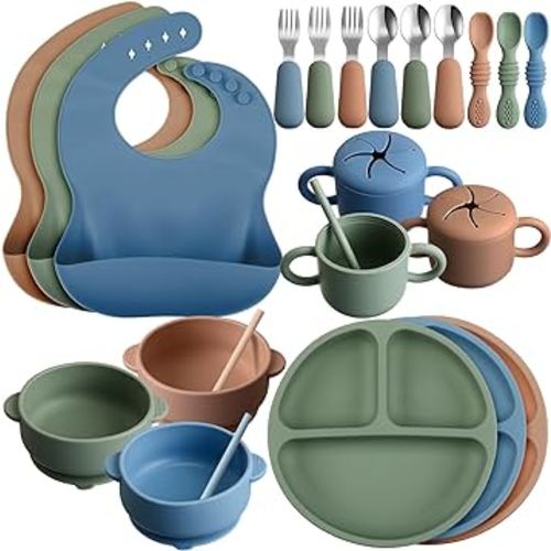 24 Pack Silicone Baby Feeding Set Baby Led Weaning Supplies Includes Suction Divided Plates Soft Bowl Spoons Forks Adjustable Bib Snack Cup and Straws for Baby (Dark Green, Dark Blue, Walnut Color)