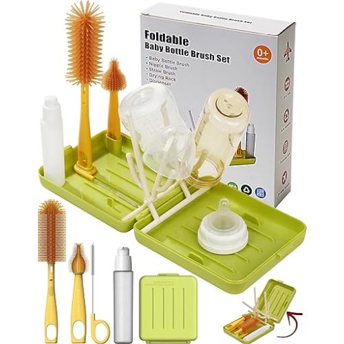 Travel Bottle Cleaner kit, 6in1 Baby Toddler Travel Essential Silicone Bottle Brush Set, Baby Bottle Soap Dispense, Drying Rack, Nipple, Straw Breast Pump Cleaning, Storage Case, Gift for Moms (Green)