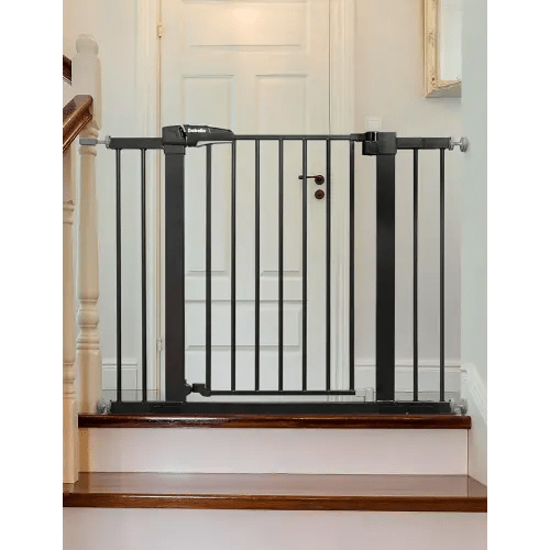 Babelio Metal Baby Gate, 29-43'' Auto Close Easy Install Pet Gate, Extra Wide Walk Thru Child Safety Gate, 30'' Tall Pressure Mounted Dog Gate for Doorways & Stairs, Black