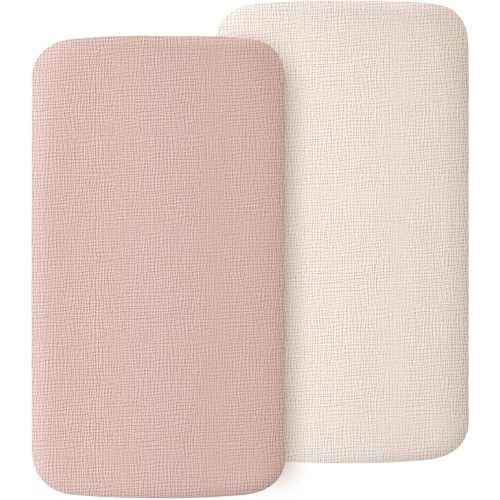 2 Pack Muslin Fitted Bassinet Sheets for Babies, Soft & Breathable 100% Cotton Bedside Sleeper Bassinet Sheet, Moses Basket Oval Rectangle Pad/Mattress