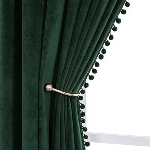 VANASEE Pompom Velvet Curtains for Bedroom Rod Pocket 42x84 inch Soft Blackout Window Curtains Room Darkening Drape Light Blocking for Living Room 2 Panels,Green