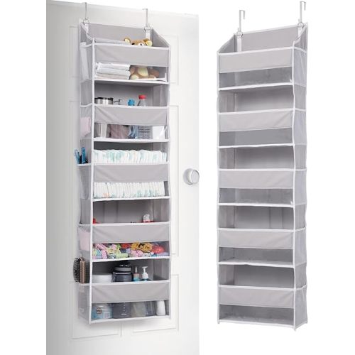ULG 1 Pack Over Door Organizer with 5 Large Pockets 10 Mesh Side Pockets, 44 lbs Weight Capacity Hanging Storage Organizer with Clear Window for Kids Toys, Shoes, Diapers, Grey, 5 Layer