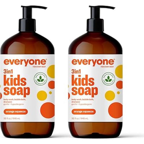 Everyone 3-in-1 Kids Soap, Body Wash, Bubble Bath, Shampoo, 32 Ounce (Pack of 2), Orange Squeeze, Coconut Cleanser with Organic Plant Extracts and Pure Essential Oils (Packaging May Vary)