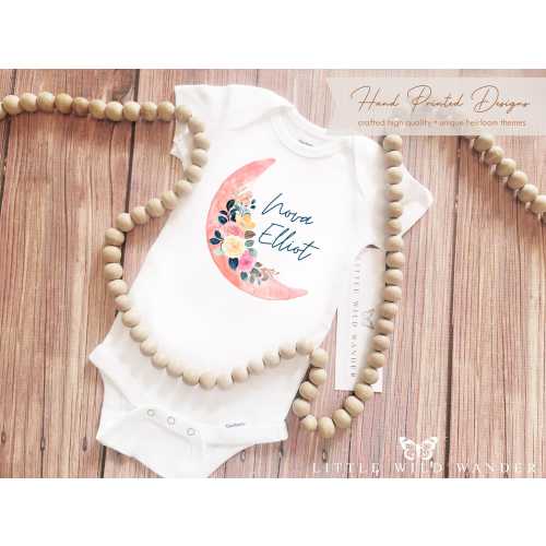 Personalized Moon Baby Onesie ® or Shirt, Floral Custom Name Bodysuit, Girls Boho Shower Gift, Moon Take Home Outfit, First Birthday T-shirt