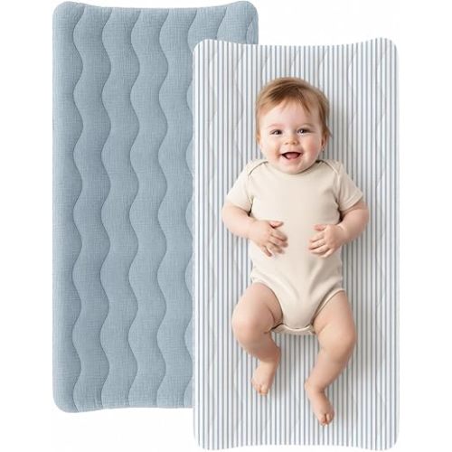 Konssy Waterproof Muslin Changing Pad Cover 2 Pack, 100% Cotton Quilted Diaper Changing Table Sheets, Soft Breathable Boho Nursery Bedding for Baby, Silent & Absorbent Standard Fit (Blue,Blue Stripe)