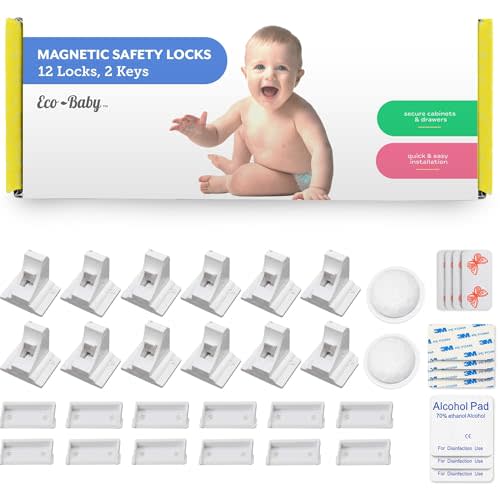 Eco Baby Magnetic Cabinet Locks for Babies - Magnetic Baby Proofing Cabinet Locks, Child Locks for Cabinets Drawers Doors for Back to School - Easy Installation No Tools Required (12 Pack and 2 Keys)